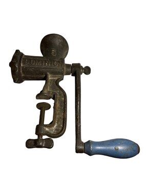 Dominion Meat Grinder No. 5 Cast Iron Hand Crank Blue Wooden Handle READ